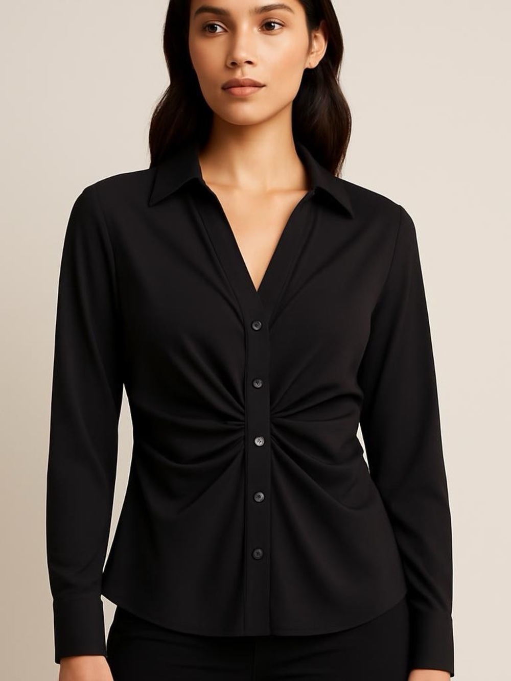 💕 T Tahari Long Sleeve Button Down Black Blouse Witchy Size SP